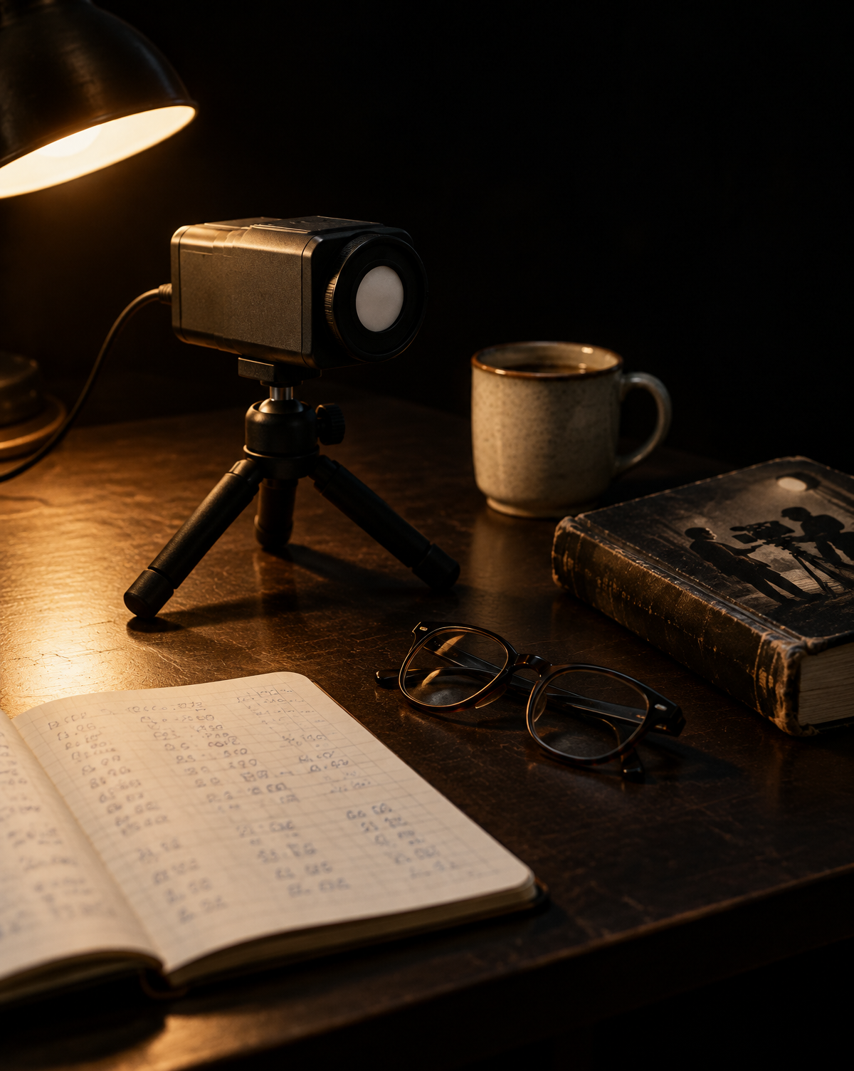 Colorimeter, measurement notebook, glasses, mug and cinematography book on a dark desk