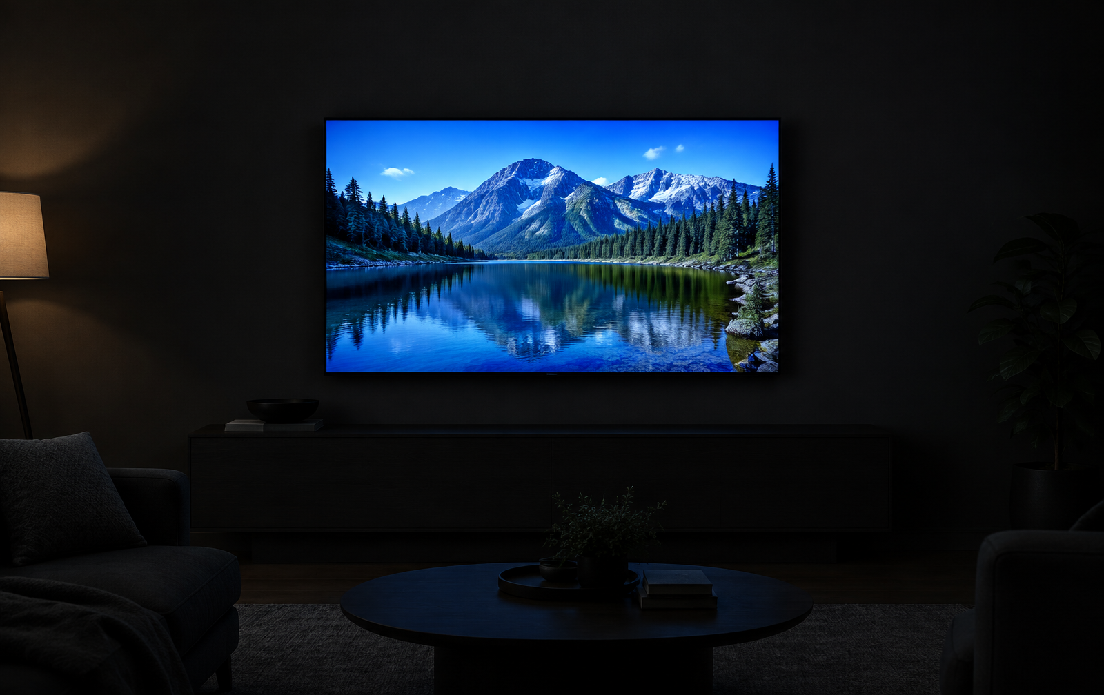 manufacturer preset view of the same mountain lake on a wall mounted display