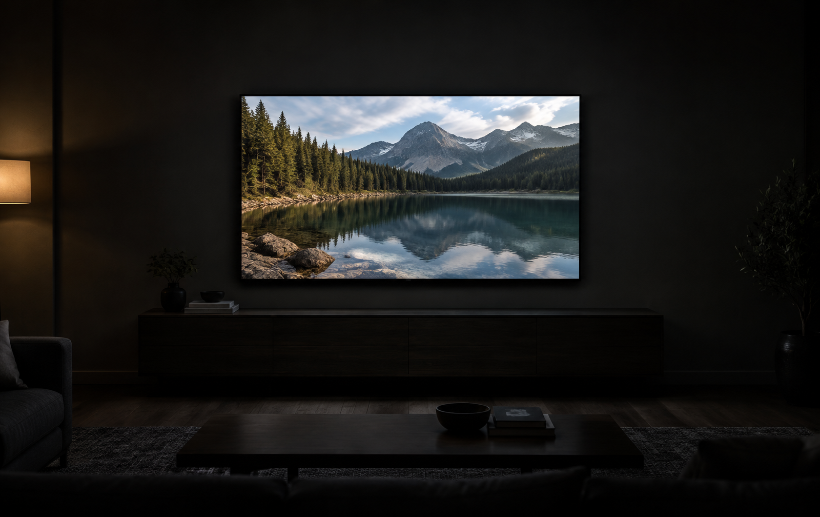 measured calibration view of the same mountain lake on a wall mounted display