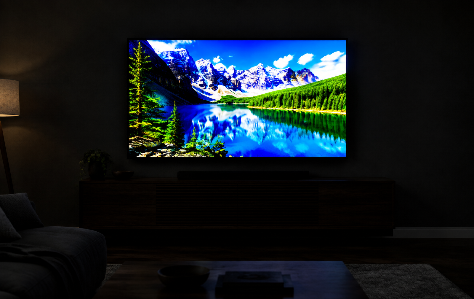 showroom mode view of the same mountain lake on a wall mounted display