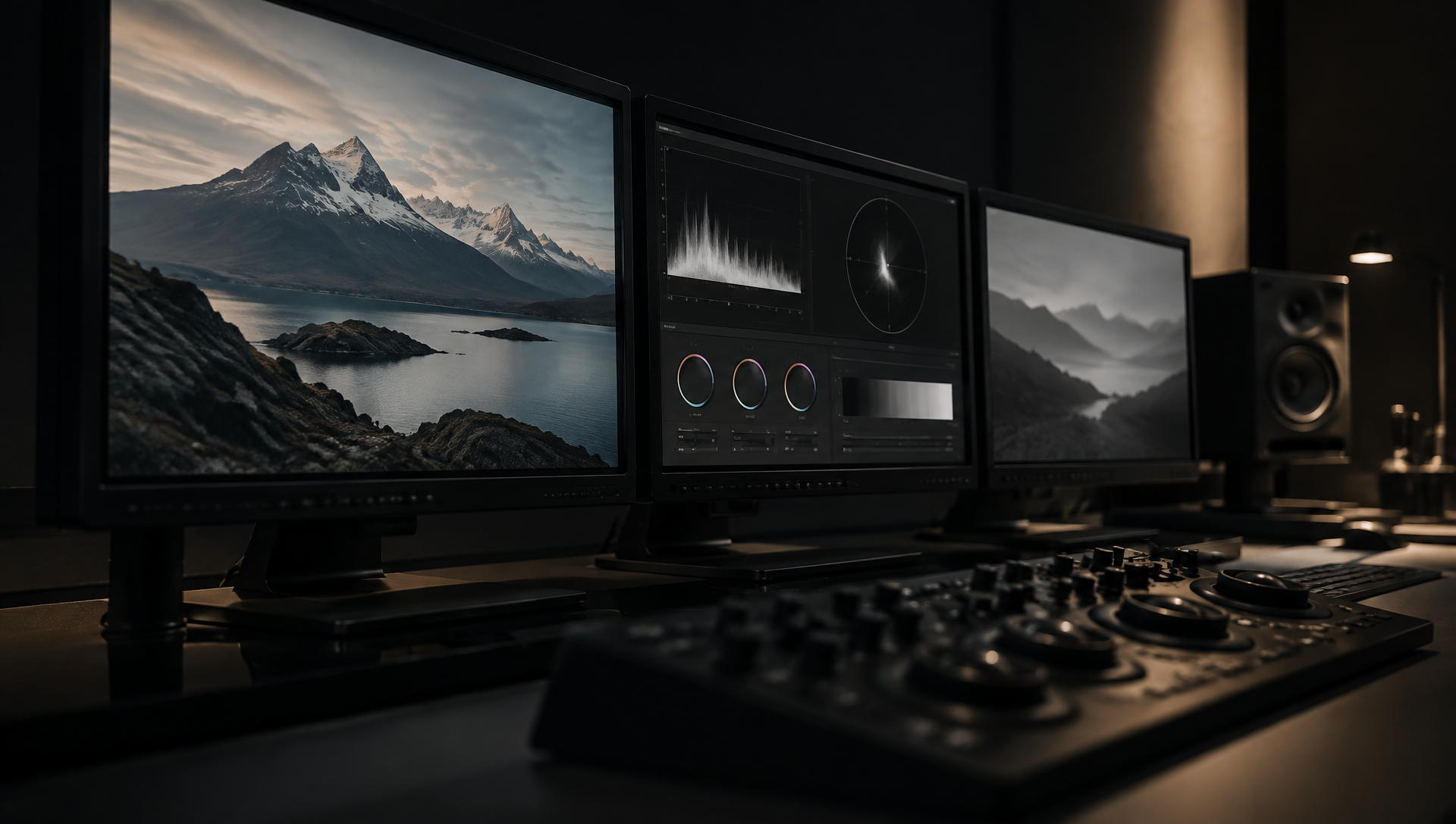 Wall of reference monitors in a dark grading suite