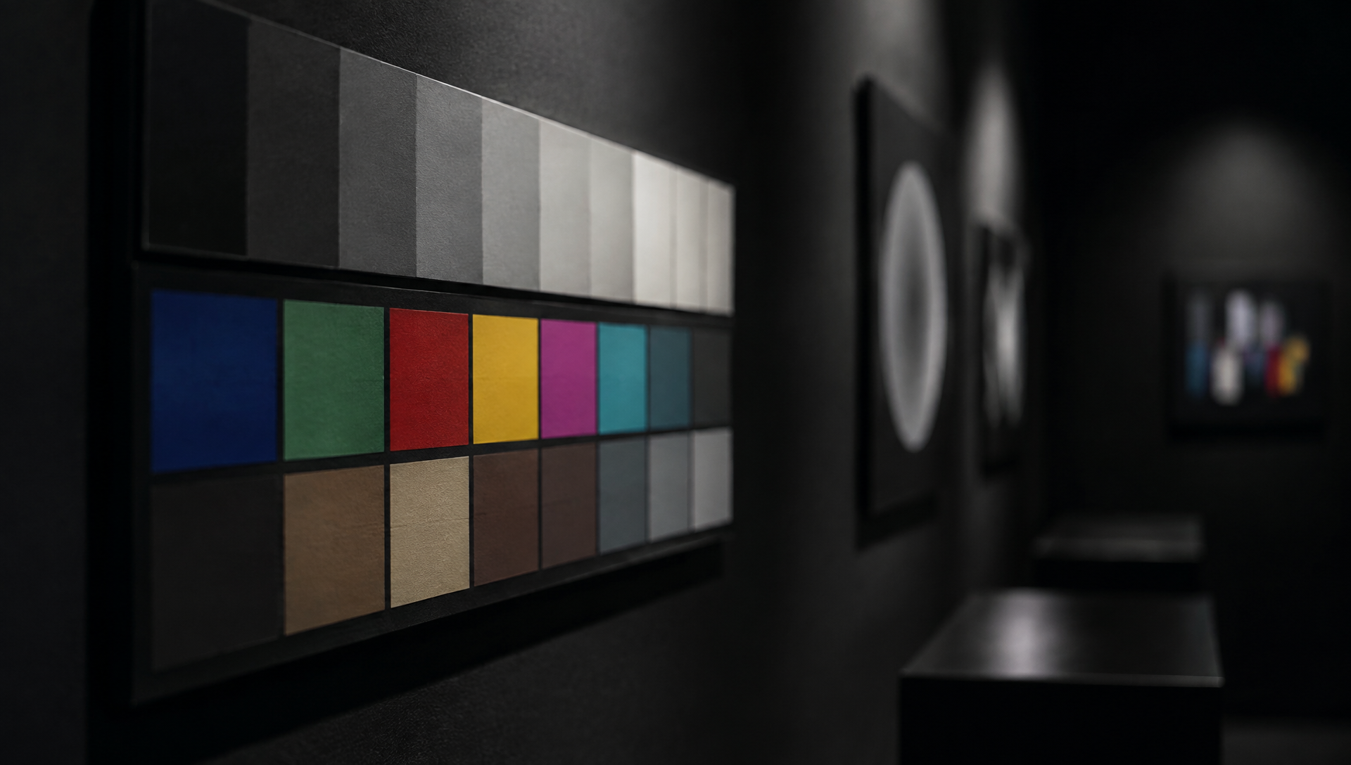 Blurred screening room with calibration references