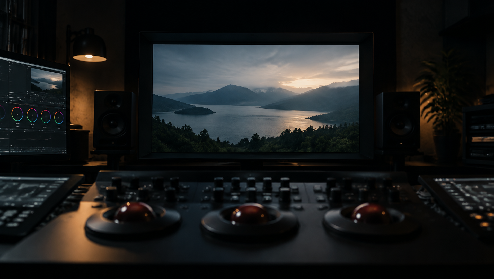 Dark colour grading suite with a reference monitor
